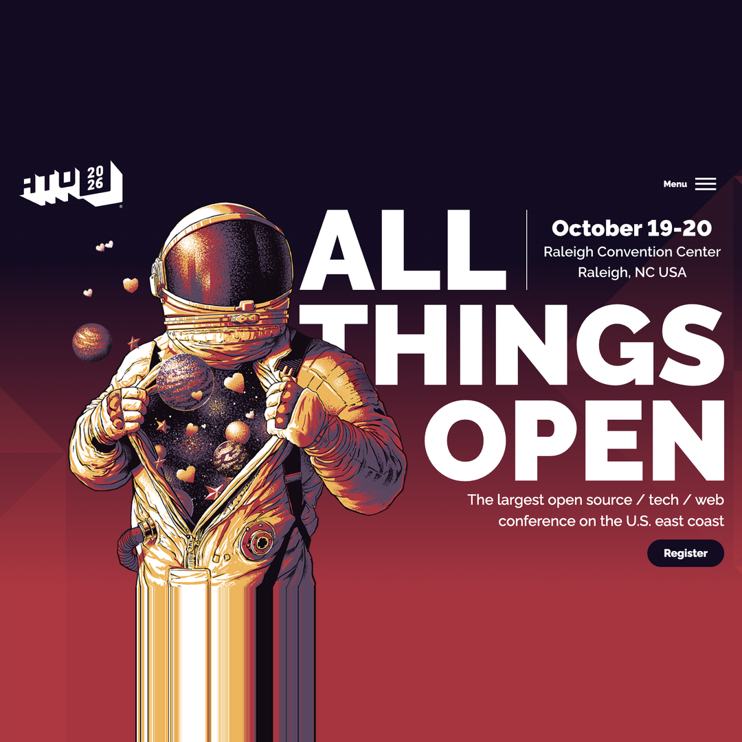 All Things Open 2026 poster — ATO 2026 mark and ALL THINGS OPEN title on a deep maroon gradient, October 19–20 at the Raleigh Convention Center, Raleigh, NC